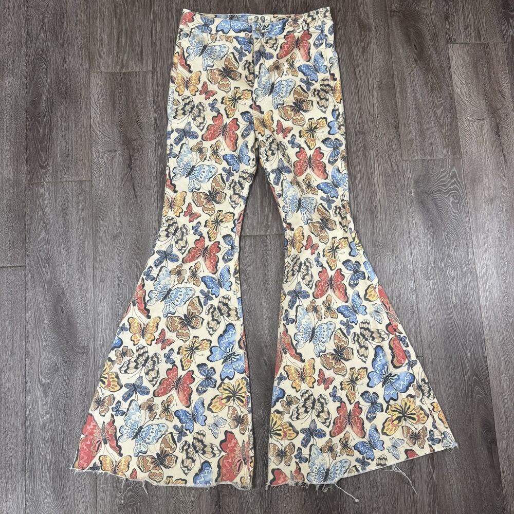 We The Free People Flare Bell Bottom Butterfly Print Jeans Women's 29